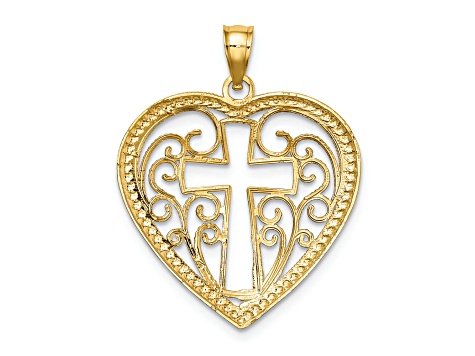Rhodium Over 14K Two-tone Gold Cut-Out and Beaded Filigree Heart with Cross Charm Pendant