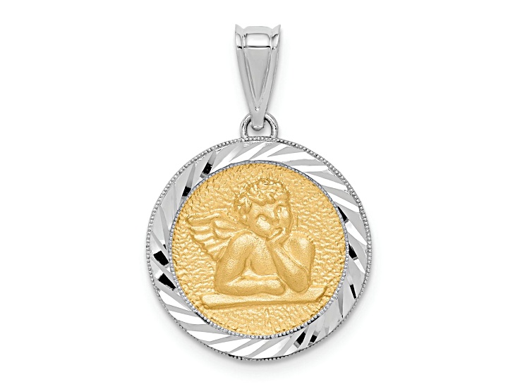 14k Yellow Gold and 14k White Gold Polished, Satin and Diamond-Cut Bezel Angel Pendant