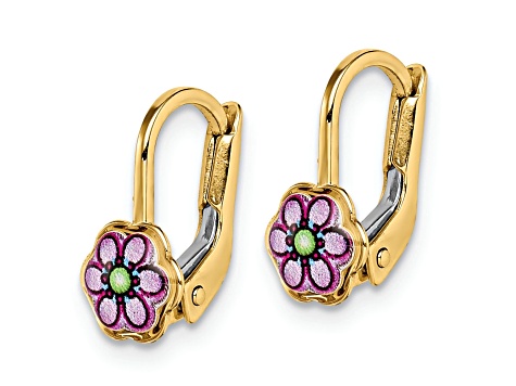 14K Yellow Gold Children's Enamel Flower Leverback Earrings