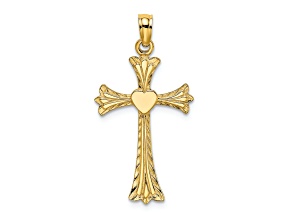 14k Yellow Gold Polished and Textured Cross with Heart Charm