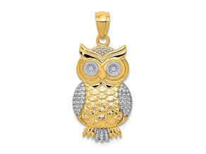 10K Yellow Gold and Rhodium Over 10K Yellow Gold Polished Textured Owl Pendant