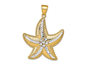 14k Yellow Gold and Rhodium Over 14k Yellow Gold Diamond-Cut and Textured Starfish Pendant