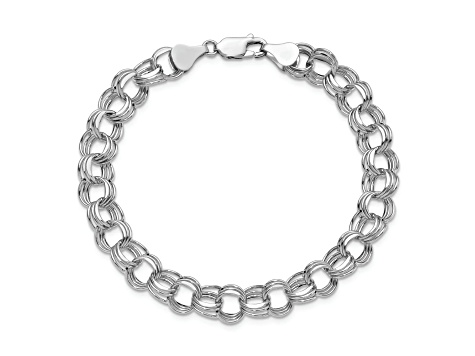 Rhodium Over 14k White Gold 8mm Diamond-Cut Triple Link Charm Bracelet