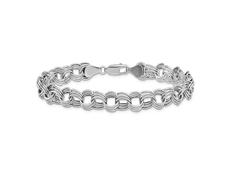 Rhodium Over 14k White Gold 8mm Diamond-Cut Triple Link Charm Bracelet