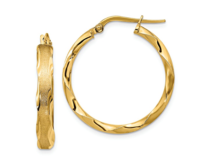 14k Yellow Gold Satin and Polished 1 1/16" Scalloped Edge Hoop Earrings