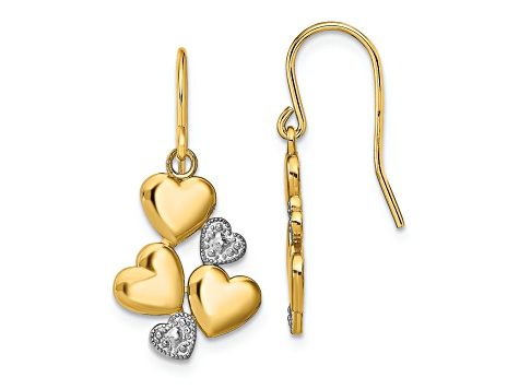 14k Yellow Gold and Rhodium Over 14k Yellow Gold Polished Hearts Dangle Earrings