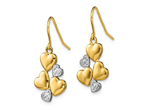 14k Yellow Gold and Rhodium Over 14k Yellow Gold Polished Hearts Dangle Earrings