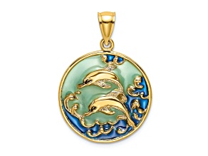 14k Yellow Gold Dolphins with Blue Enameled Pendant