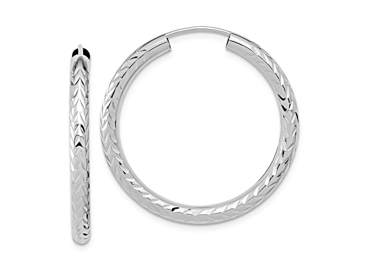 Rhodium Over 14k White Gold 1 3/16" Polished and Diamond-Cut Endless Hoop Earrings