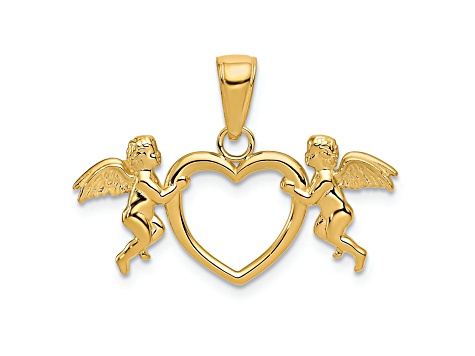 14k Yellow Gold Flying Cherubs Holding Heart Pendant