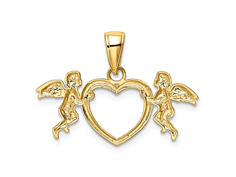 14k Yellow Gold Flying Cherubs Holding Heart Pendant