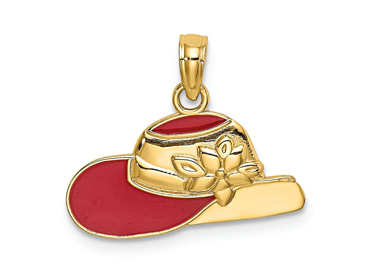 14k Yellow Gold Polished and Textured 2D Red Enamel Hat Charm