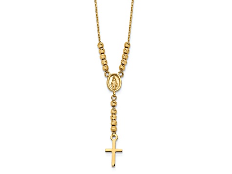 14K Yellow Gold Polished Diamond-cut Bead Miraculous Medal and Cross 17-inch Necklace