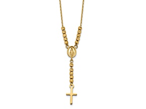 14K Yellow Gold Polished Diamond-cut Bead Miraculous Medal and Cross 17-inch Necklace