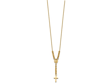 14K Yellow Gold Polished Diamond-cut Bead Miraculous Medal and Cross 17-inch Necklace