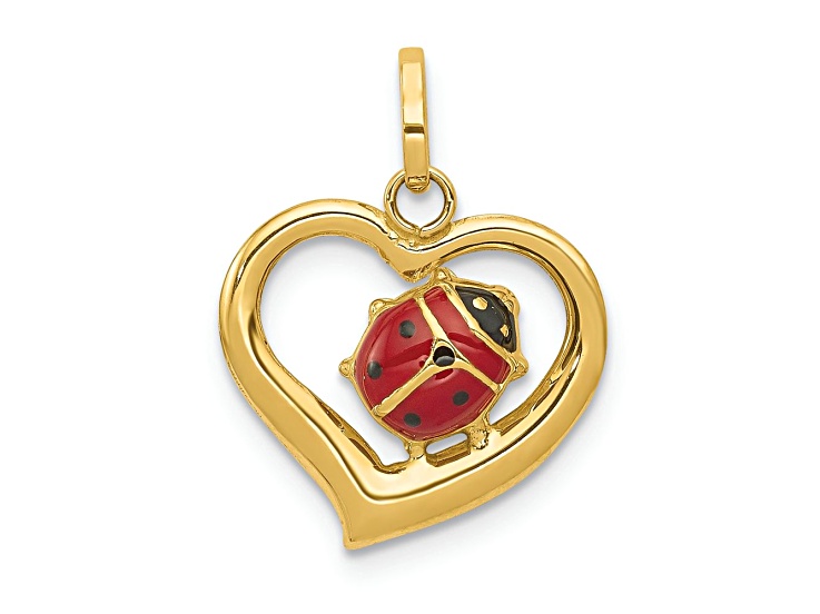 14k Yellow Gold Red and Black Enameled Ladybug in Heart Charm