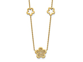 14k Yellow Gold Polished Filigree Patterned Textured Flower Stations Cable Link 17 Inch Necklace