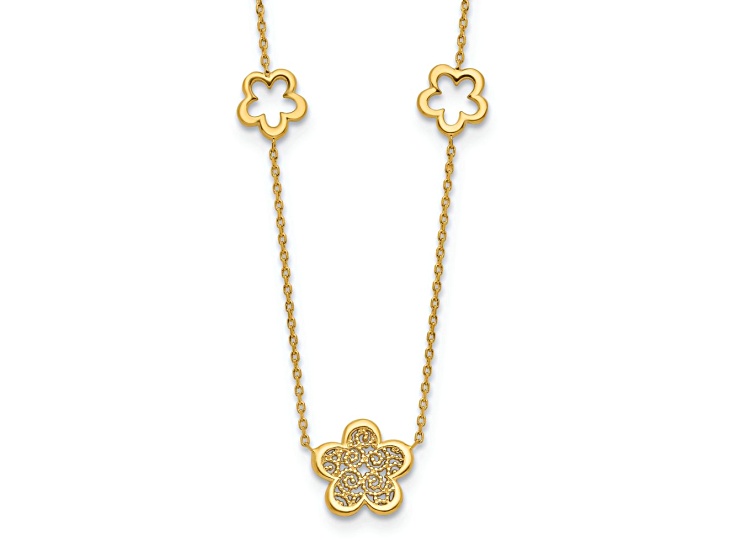 14k Yellow Gold Polished Filigree Patterned Textured Flower Stations Cable Link 17 Inch Necklace