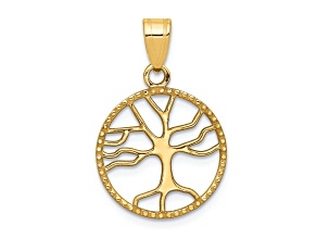 14k Yellow Gold Textured and Polished Small Tree of Life in Round Pendant