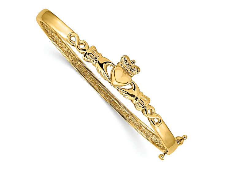 14k Yellow Gold 4mm Diamond-Cut Claddagh Hinged Bangle Bracelet