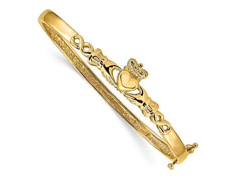 14k Yellow Gold 4mm Diamond-Cut Claddagh Hinged Bangle Bracelet