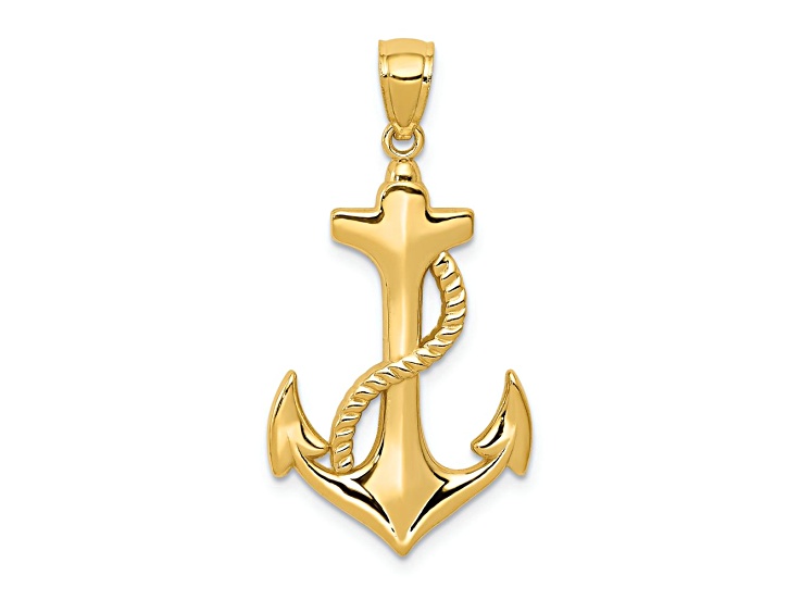14k Yellow Gold Textured and Polished Anchor with Rope Pendant