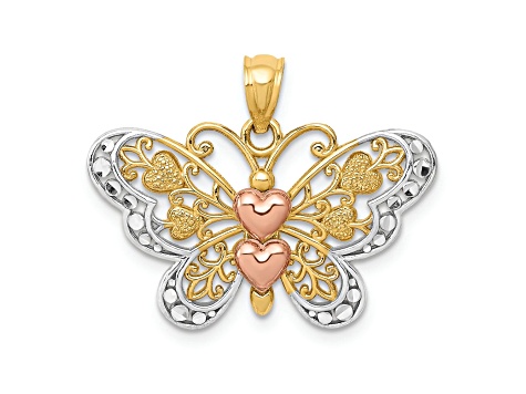 14k Yellow Gold and 14k Rose Gold with Rhodium Over 14k Yellow Gold Textured Butterfly Pendant