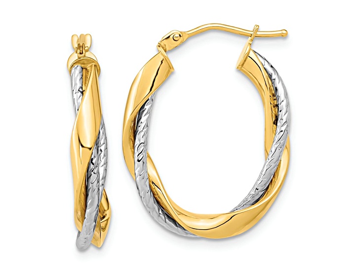 14k Yellow Gold and 14k White Gold 1 1/16" Polished Rope Twisted Oval Hoop Earrings
