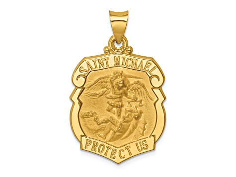 14K Yellow Gold Polished and Satin St. Michael Badge Medal Hollow Pendant