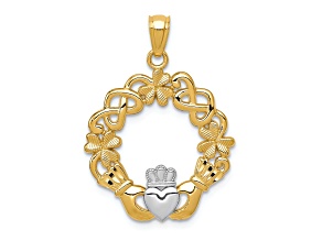 14k Yellow Gold and Rhodium Over 14k Yellow Gold Textured Claddagh Pendant