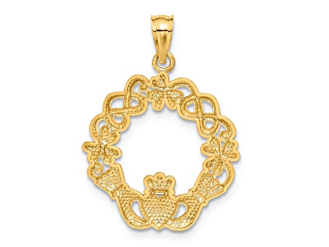 14k Yellow Gold and Rhodium Over 14k Yellow Gold Textured Claddagh Pendant