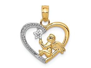 10K Yellow Gold and Rhodium Over 10K Yellow Gold Textured Angel in Heart with Star Pendant