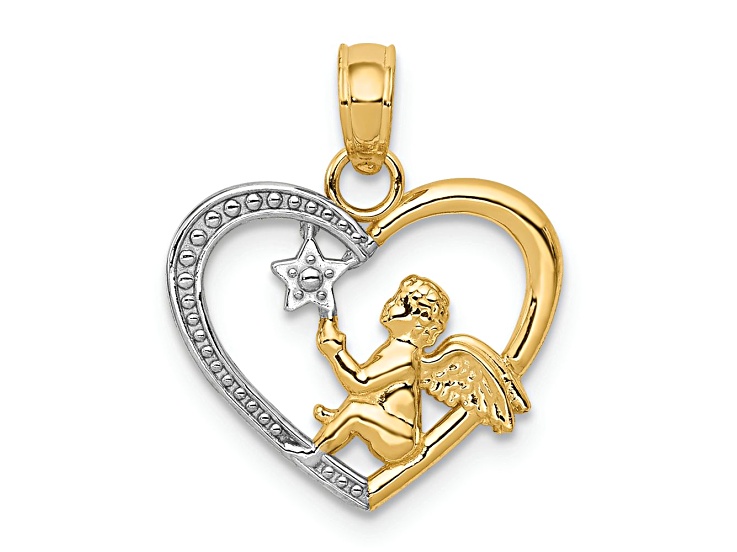 10K Yellow Gold and Rhodium Over 10K Yellow Gold Textured Angel in Heart with Star Pendant