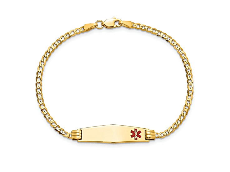 14k Yellow Gold Medical Soft Diamond Shape Red Enamel Curb Link ID Bracelet