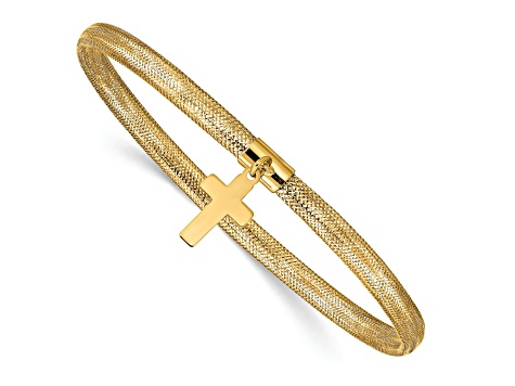 10k Yellow Gold Slip-On Mesh Cross Dangle Stretch Bracelet