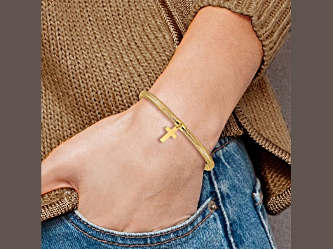 10k Yellow Gold Slip-On Mesh Cross Dangle Stretch Bracelet