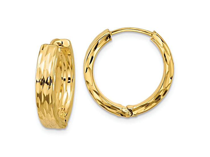 14k Yellow Gold 3/4 inch Polished and Diamond-Cut Square Tube Hinged Hoop Earrings