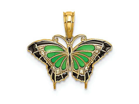 14k Yellow Gold Small Green Enameled Butterfly Pendant