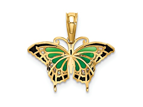 14k Yellow Gold Small Green Enameled Butterfly Pendant