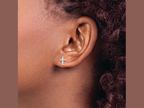 Rhodium Over 14k White Gold Polished Cross Stud Earrings