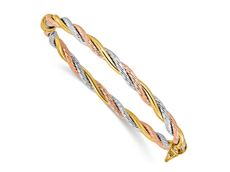 14K Tri-color Polished and Twisted Hinged Bangle Bracelet