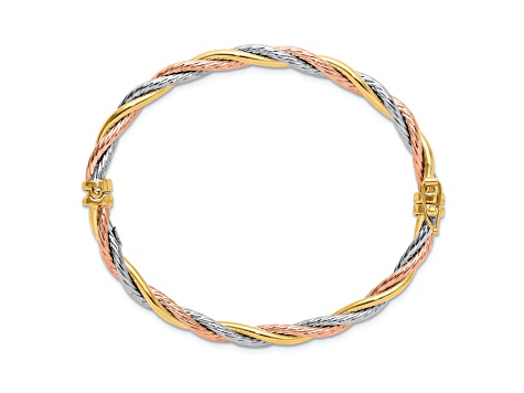 14K Tri-color Polished and Twisted Hinged Bangle Bracelet