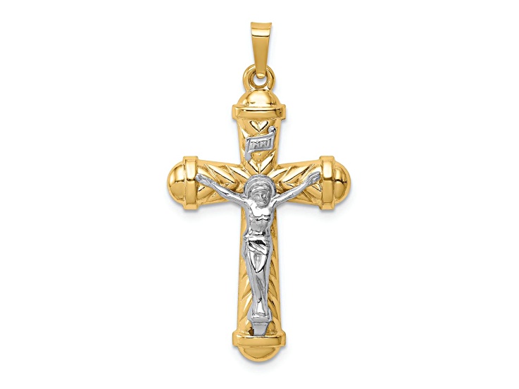 14K Two-tone Gold Polished and Textured Chevron Design Crucifix Pendant