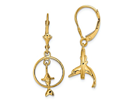 14k Yellow Gold 3D Dolphin Jumping Through Hoop Dangle Earrings