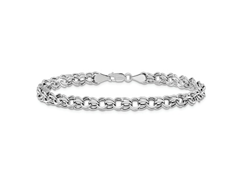 Rhodium Over 14k White Gold 5mm Diamond-Cut Double Link Charm Bracelet