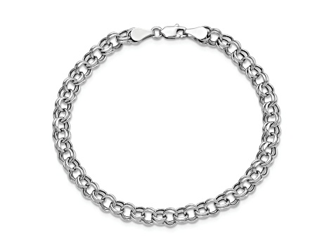 Rhodium Over 14k White Gold 5mm Diamond-Cut Double Link Charm Bracelet