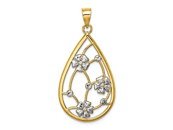 Picture of 14k Yellow Gold and Rhodium Over 14k Yellow Gold Textured Flowers In Teardrop Frame Charm