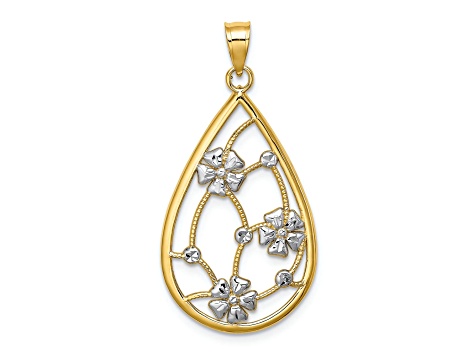 14k Yellow Gold and Rhodium Over 14k Yellow Gold Textured Flowers In Teardrop Frame Charm