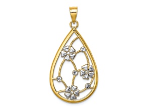 14k Yellow Gold and Rhodium Over 14k Yellow Gold Textured Flowers In Teardrop Frame Charm