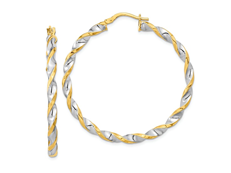 14k Yellow Gold and Rhodium Over 14k Yellow Gold Polished and Twisted 1 11/16" Hoop Earrings